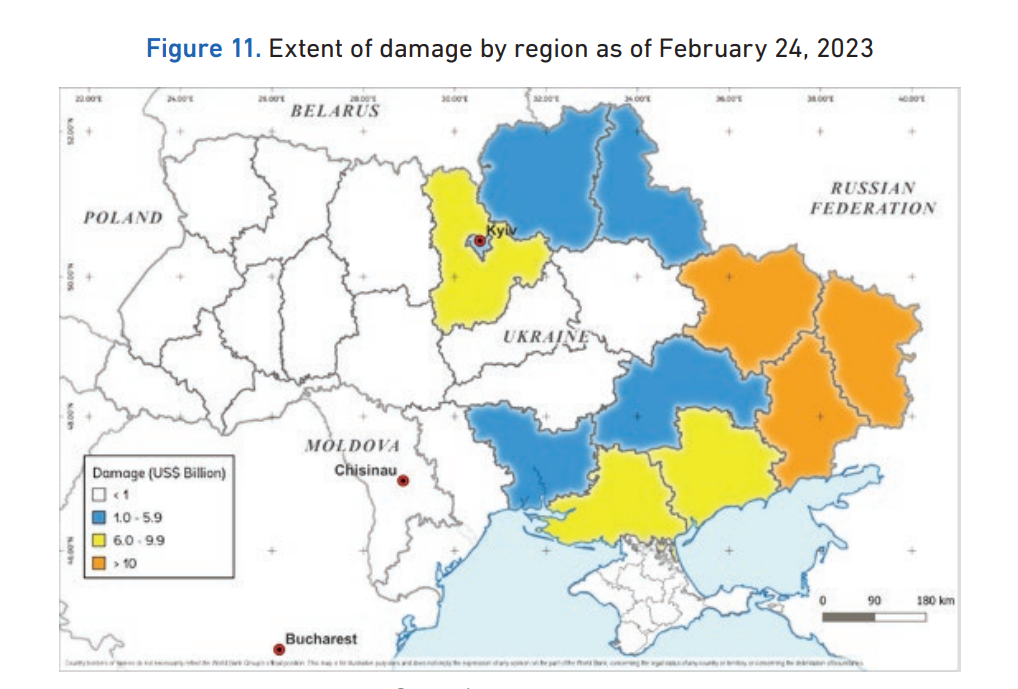 Обсяг шкоди, заподіяної російським вторгненням за регіонами України