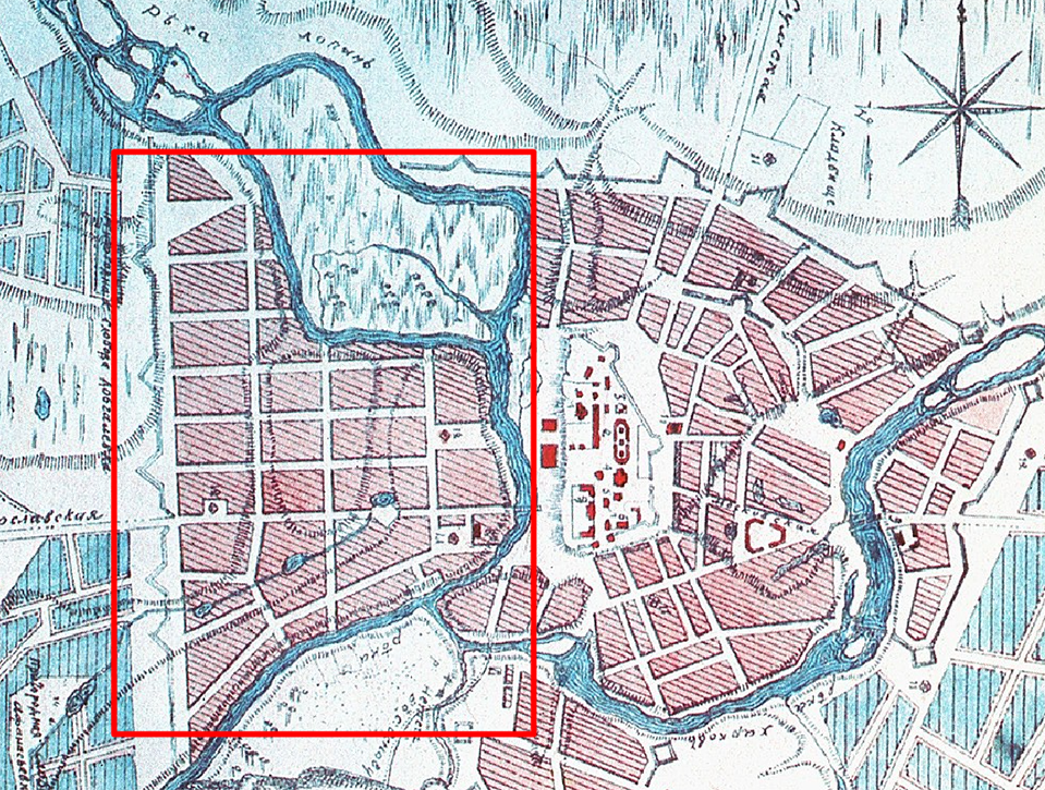 План Харкова 1787 року. Район Залопані виділено ліворуч