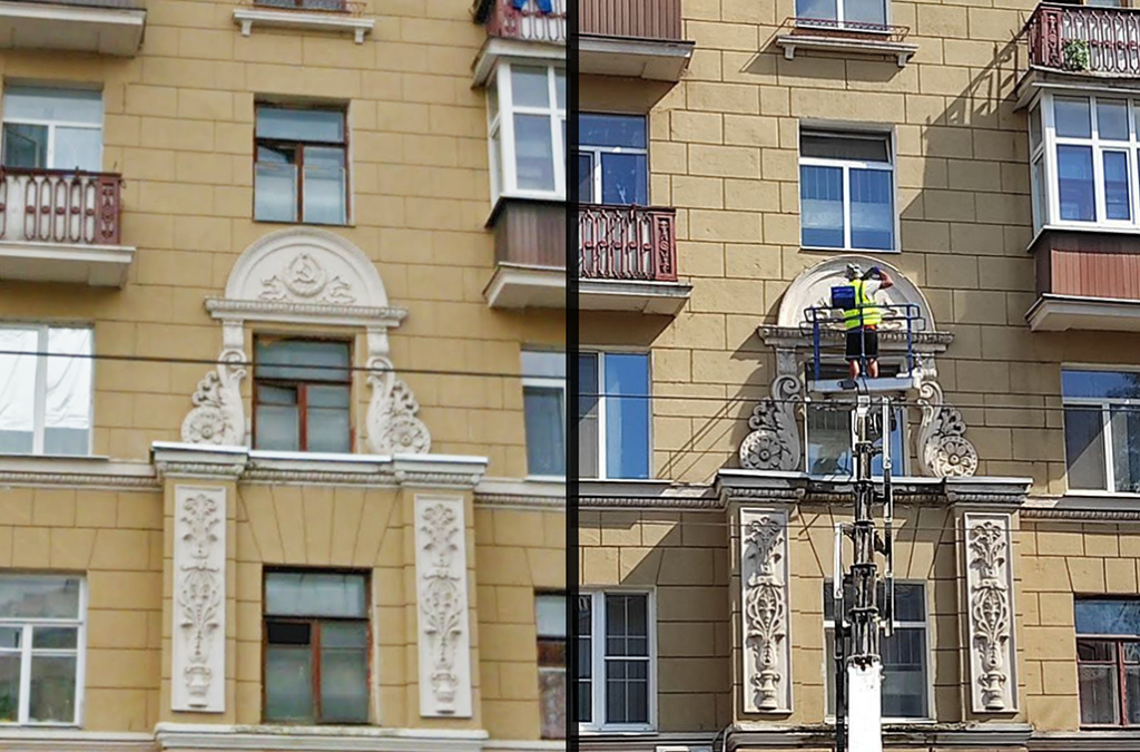 З будинку зі шпілем на вул. Тарасенка прибирають радянську символіку
