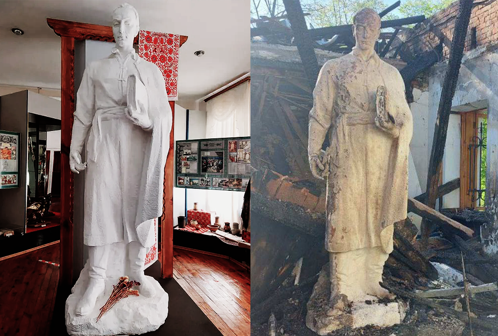 Вцілілу під час обстрілу статую Сковороди згодом виставили в Українському Домі в Києві
