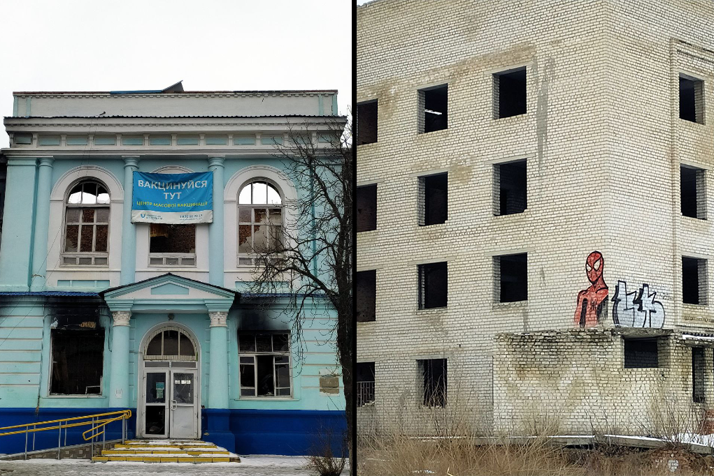 Зруйнована міська полікліника (ліворуч) та недобудований корпус лікарні в Ізюмі. Фото Антон Алохінссона