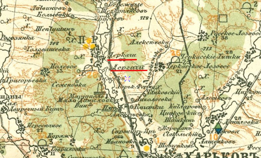 Місто Деркачі та станція Дергачі на археологічній мапі Харківської губернії, 1902