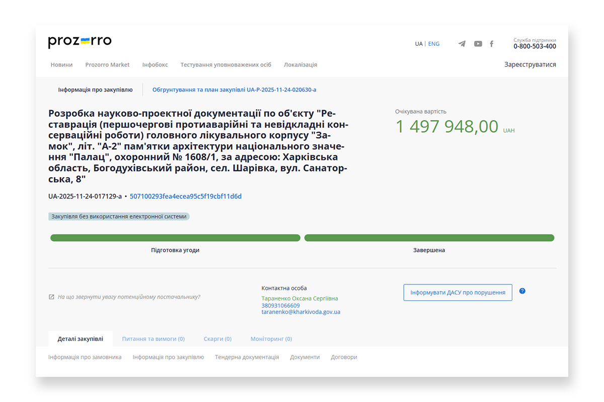 Фінансування, реставрація Шарівського замку