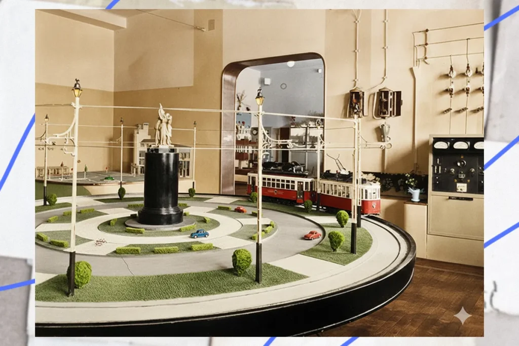 Колоризоване ШІ фото інтер’єру трамвайної лабораторії та класу авіамоделювання