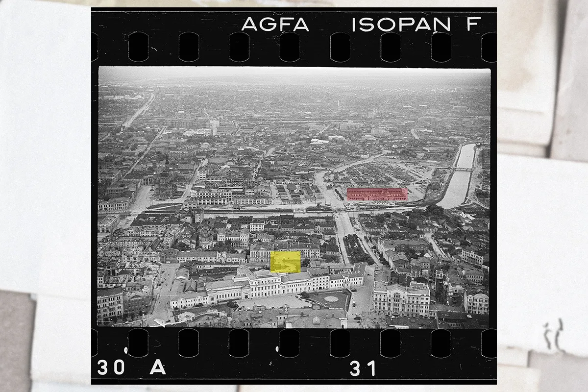 Палац піонерів на німецькому аерофотознімку. Жовтим позначено сучасний Історичний музей, червоним— криті ряди Центрального ринку