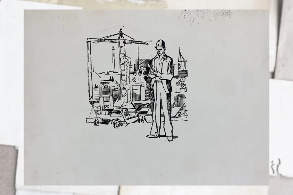 Ескіз, форма та відбитки з серії малюнків будівельників каналу Дніпро-Дондбас та випуск газети «Соціалістична Харківщина» із надрукованими зображеннями