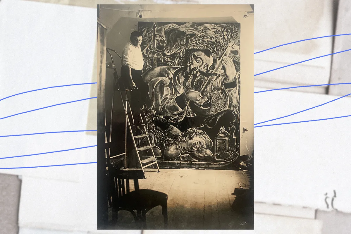 Фото Рафаеля Волинського в майстерні із роботою «Козак Мамай»